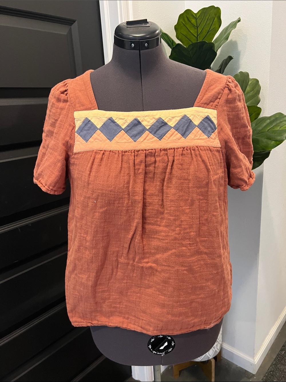 Madewell Rust Patchwork Square-Neck Peasant Top Large